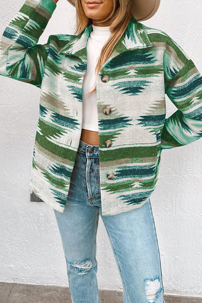 Blackish Green Aztec Print Button Up Long Sleeve Jacket-Outerwear-MomFashion