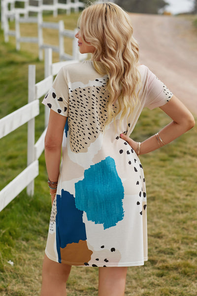 Light Blue Leopard Splicing Color Block Mini Dress-Dresses-MomFashion