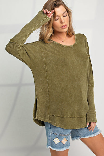 Green Raw Seam Mineral Washed Long Sleeve Top-Tops-MomFashion