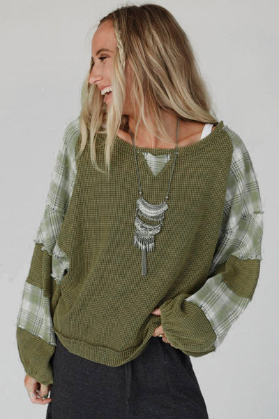 Green Plaid Patch Waffle Knit Exposed Seam Bubble Sleeve Top-Tops-MomFashion