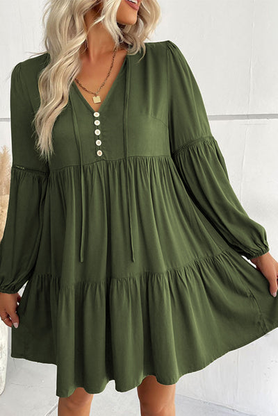 Green Lace Puff Sleeve Buttoned Tiered Ruffled Mini Dress-Dresses-MomFashion