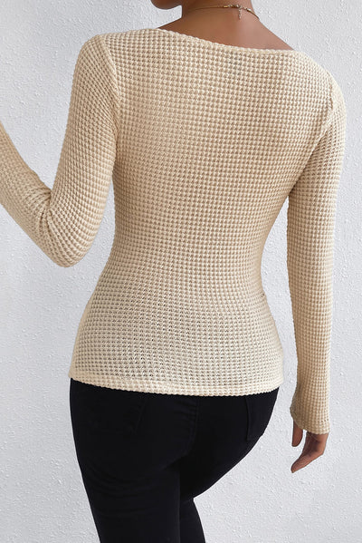 Apricot Square Neck Ruched Textured Knit Top-Tops-MomFashion