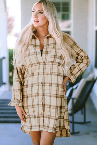 Khaki Western Plaid Button Up Loose Shirt Dress-Dresses-MomFashion