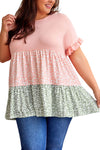 Pink Ruffled Short Sleeve Leopard Splicing Flowy Plus Size Top-Plus Size-MomFashion