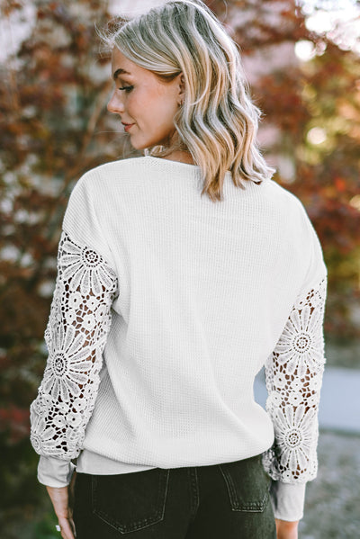 White Lace Splicing V Neck Puff Sleeve Top-Tops-MomFashion