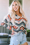 Multicolor Aztec Print V Neck Long Sleeve Top-Tops-MomFashion