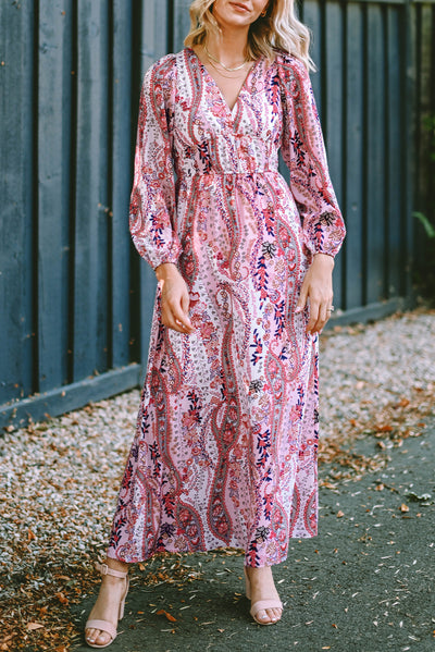 Multicolour Boho Paisley Print V Neck Empire Waist Maxi Dress-Dresses-MomFashion