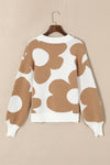 Khaki Big Flower Pattern Drop Shoulder Sweater-Tops-MomFashion