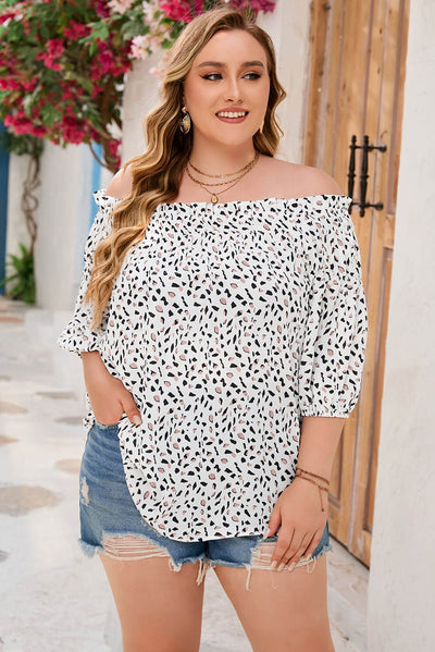 Cheetah Spotted Plus Size Off Shoulder Blouse-Plus Size-MomFashion