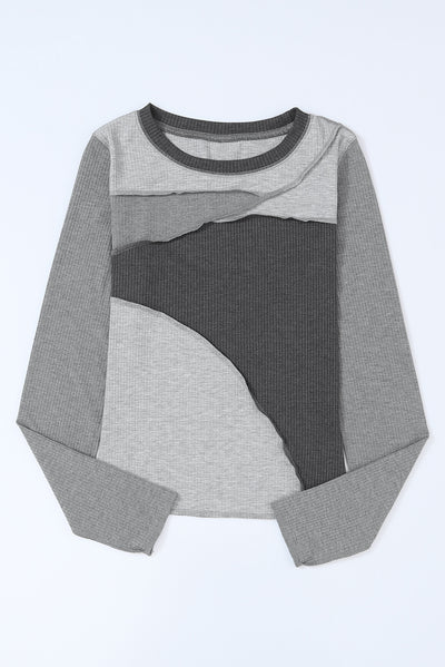 Gray Expose Seam Color Block Ribbed Knit Top-Tops-MomFashion