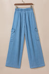 Sky Blue Drawstring High Waist Cargo Pocket Wide Leg Jeans-Bottoms-MomFashion