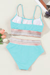 Sky Blue Striped Patchwork Spaghetti Strap High Waist Bikini Swimsuit-Swimwear-MomFashion