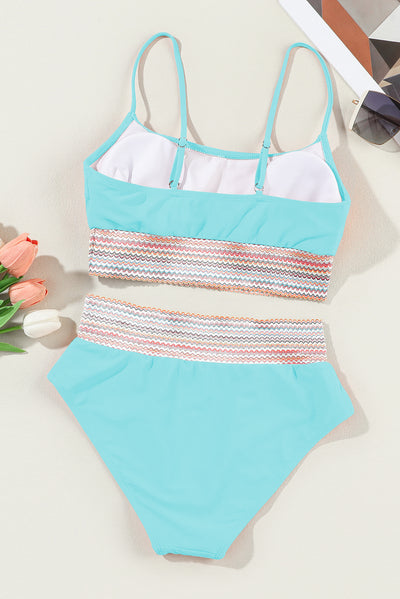 Sky Blue Striped Patchwork Spaghetti Strap High Waist Bikini Swimsuit-Swimwear-MomFashion