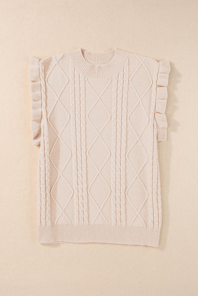 Parchment Cable Knit Mock Neck Cap Sleeve Sweater-Tops-MomFashion