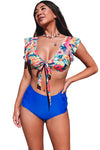 Floral Print Front Tie High Waist Bikini Swimsuit with Ruffles-Swimwear-MomFashion