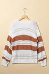 White Striped Knit Puff Sleeve Casual Sweater-Tops-MomFashion