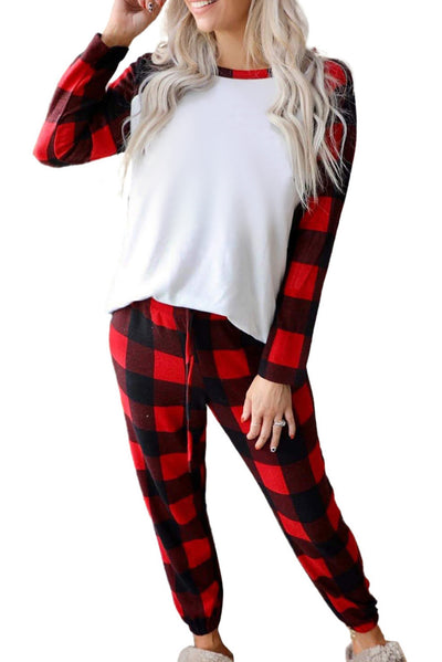 Red Plaid Raglan Sleeves Top and Drawstring Pants Lounge Set-Loungewear-MomFashion