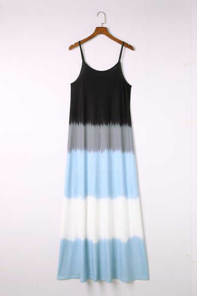 Sky Blue Spaghetti Strap Tie Dye Slit Maxi Dress-Dresses-MomFashion