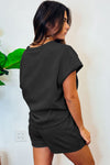 Black 2pcs Solid Textured Drawstring Shorts Set-Loungewear-MomFashion