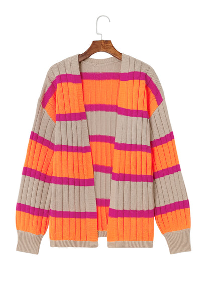 Orange Striped Colorblock Drop Shoulder Slouchy Cardigan-Tops-MomFashion