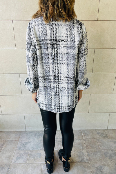 White Plaid Print Pocketed Shirt Jacket-Outerwear-MomFashion