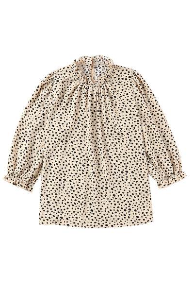 Khaki Frilled Neck 3/4 Sleeves Cheetah Blouse-Tops-MomFashion