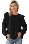 Black Lace Eyelet Ruffle Shoulder Long Sleeve Blouse-Tops-MomFashion