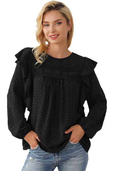 Black Lace Eyelet Ruffle Shoulder Long Sleeve Blouse-Tops-MomFashion