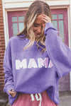 Purple MAMA Ribbed Crew Neck Pullover Sweatshirt-Tops-MomFashion