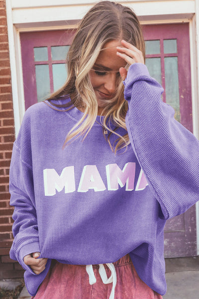 Purple MAMA Ribbed Crew Neck Pullover Sweatshirt-Tops-MomFashion