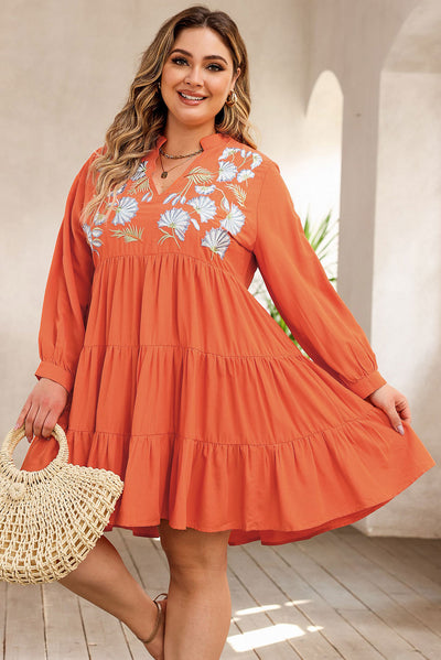 Orange Plus Size Embroidered Tiered Ruffle Dress-Plus Size-MomFashion