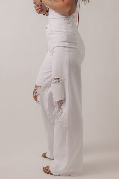 Bright White Heavy Distressed Straight Leg Jeans-Bottoms-MomFashion