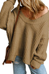 Khaki Ribbed Knit Round Neck Slouchy Chunky Sweater-Tops-MomFashion