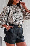 Khaki Frilled Neck 3/4 Sleeves Cheetah Blouse-Tops-MomFashion