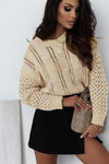 Khaki Eyelets Cable Knit Drop Shoulder Sweater-Tops-MomFashion