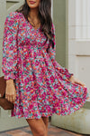 Purple Smocked V Neck Puffy Sleeve Floral Dress-Dresses-MomFashion