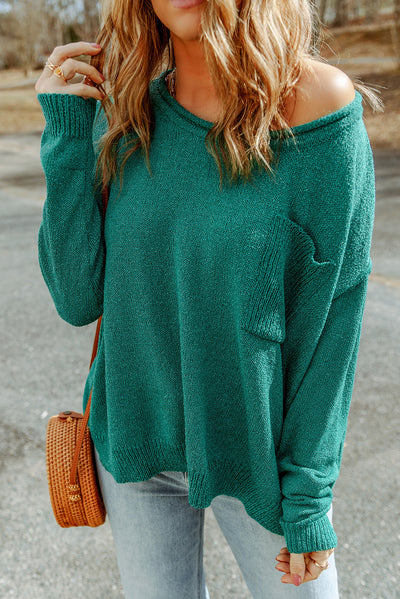 Green Solid Color Off Shoulder Rib Knit Sweater with Pocket-Tops-MomFashion