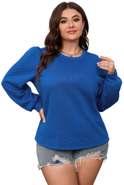 Dark Blue Cable Pattern Puff Sleeve Plus Size Top-Plus Size-MomFashion