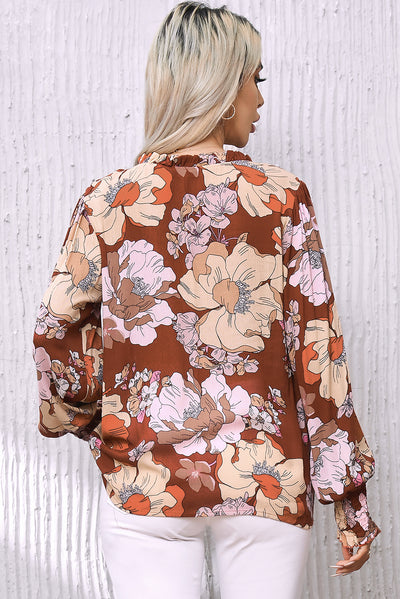 Brown Frilled V Neck Bubble Sleeve Floral Blouse-Tops-MomFashion