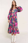 Multicolour Floral Print Square Neck Ruffled High Waist Dress-Dresses-MomFashion