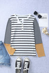 Long Sleeve Stripe Button Henley Top-Tops-MomFashion