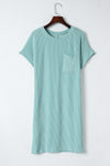 Blue Striped Ribbed Knit T-shirt Shift Dress-Dresses-MomFashion