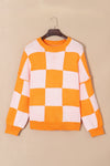 Orange Checkered Bishop Sleeve Sweater-Tops-MomFashion