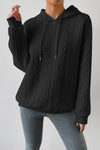 Black Cable Textured Casual Drawstring Hoodie-Tops-MomFashion