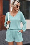 Mist Blue Corded V Neck Slouchy Top Pocketed Shorts Set-Loungewear-MomFashion