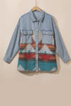 Sky Blue Plus Size Denim Aztec Jacket-Plus Size-MomFashion