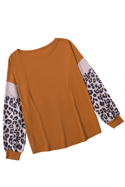 Brown Leopard Sequin Patchwork Long Sleeve Top-Tops-MomFashion