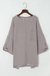 Gray Ribbed Roll-tab Sleeve Chest Pocket Oversize Top-Tops-MomFashion