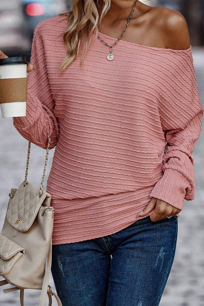 Dusty Pink Textured Knit Long Sleeve Top-Tops-MomFashion