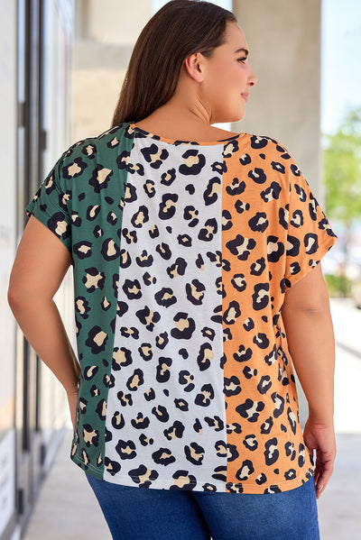 Yellow Plus Size Leopard Print Contrast T-Shirt-Plus Size-MomFashion